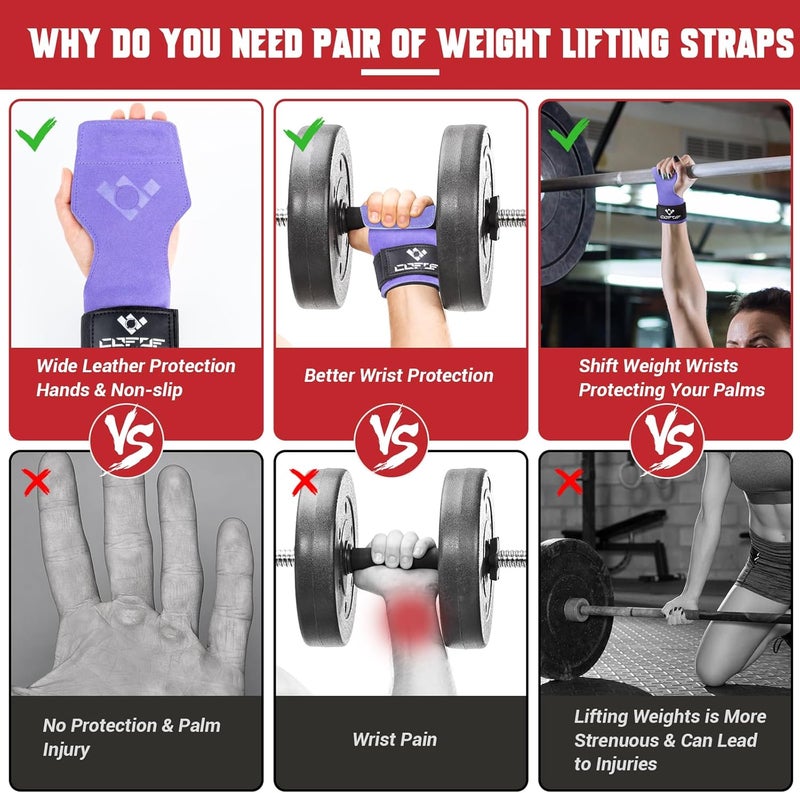 COFOF Weight Lifting Wrist Strap, Double Layer Leather Wrist Strap for Deadlift and Powerlifting, Adjustable Neoprene Padded Gym Workout Lifting Hooks (Pair) - Image 4